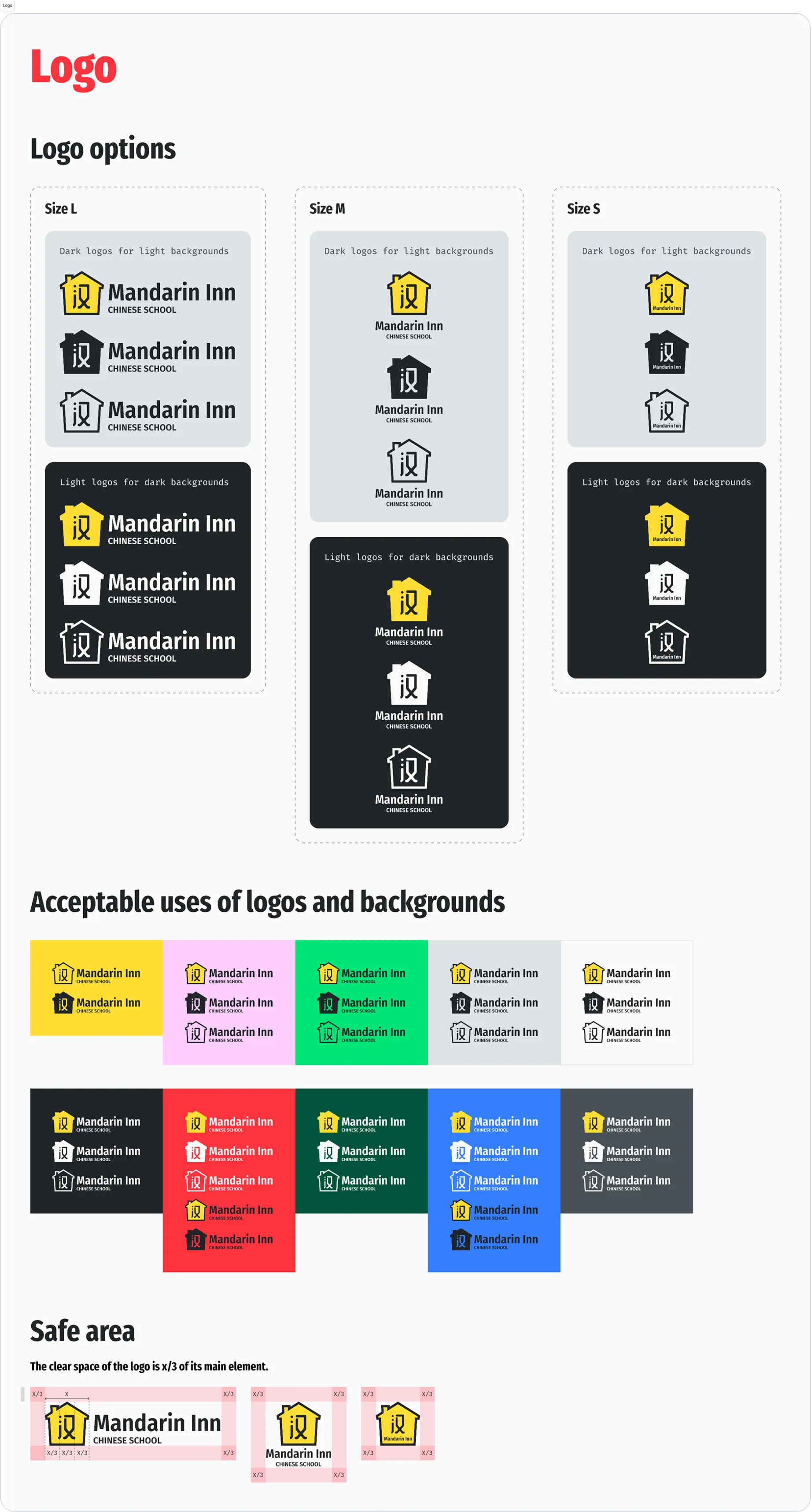 Brand book — logo options on light and dark backgrounds
