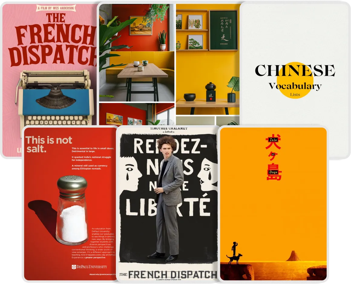 References — Wes Anderson posters, a retro vocabulary book cover, warm yellow and red interiors
