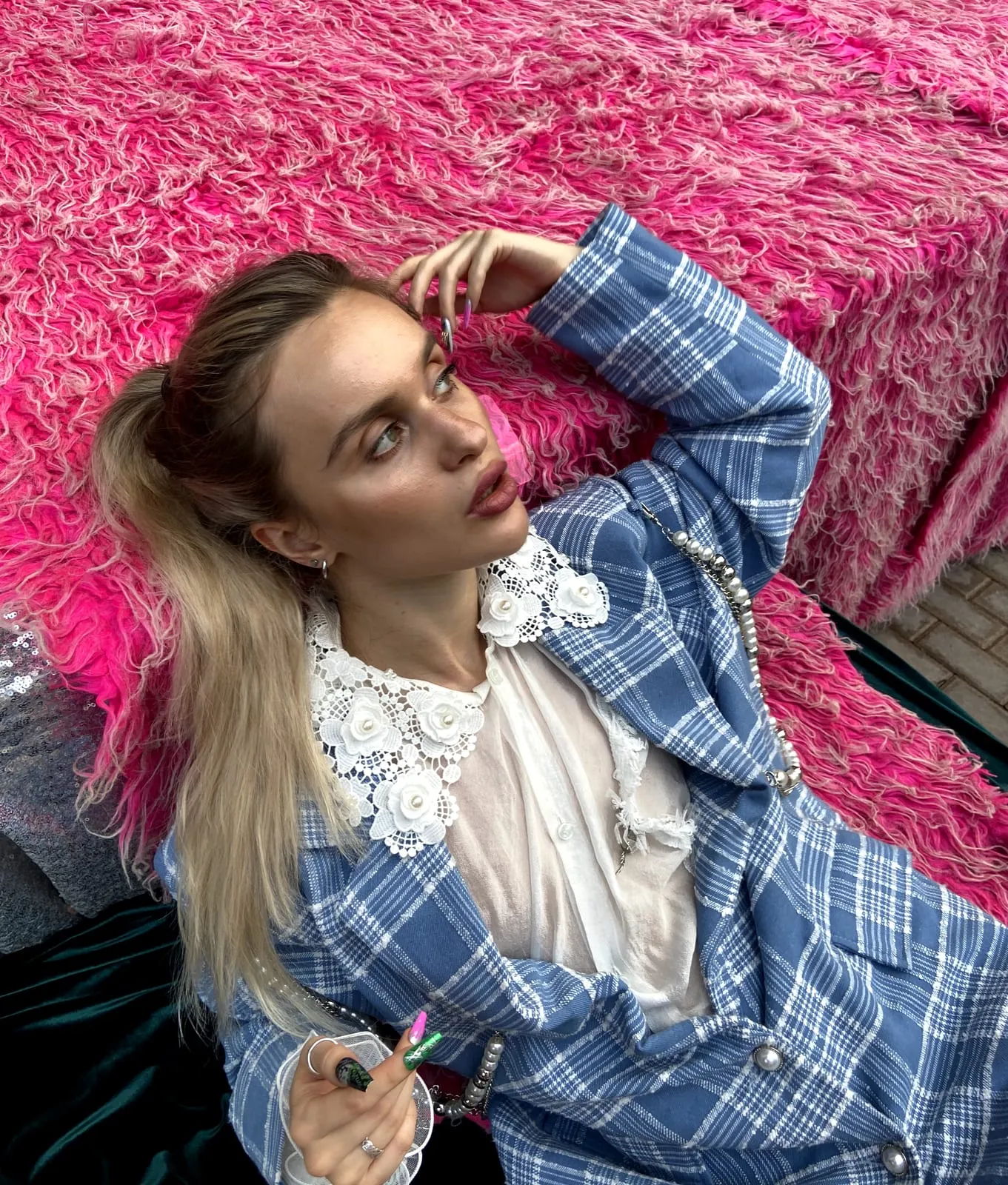 Pinkspink customer wearing a checked jacket