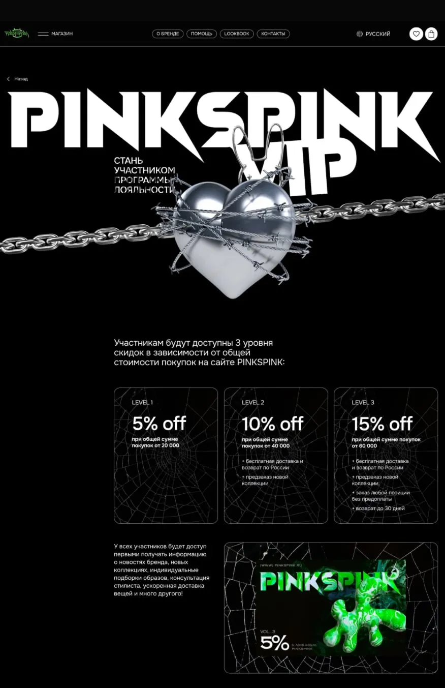 Pinkspink VIP loyalty programme screen